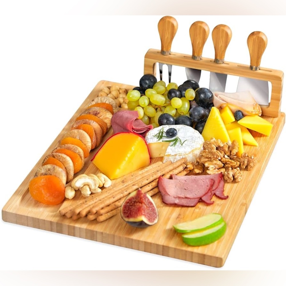 Bamboo Cheese Board and Charcuterie Boards Set & Serving Tray for Meat, and Wine